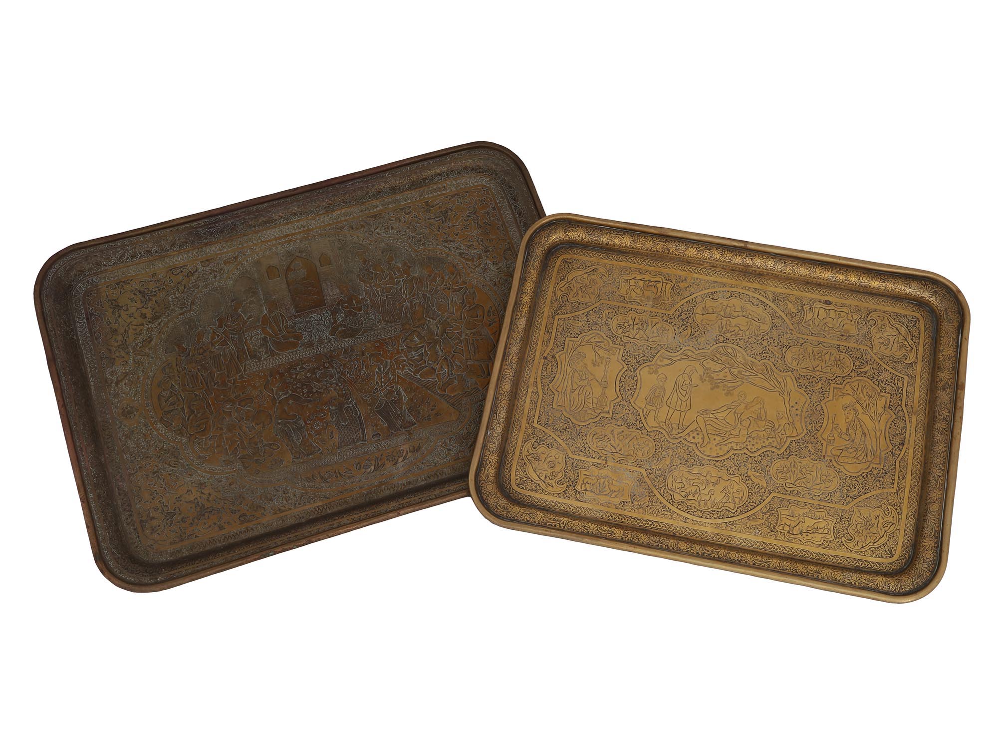 TWO ANTIQUE PERSIAN ENGRAVED BRASS SERVING TRAYS PIC-0